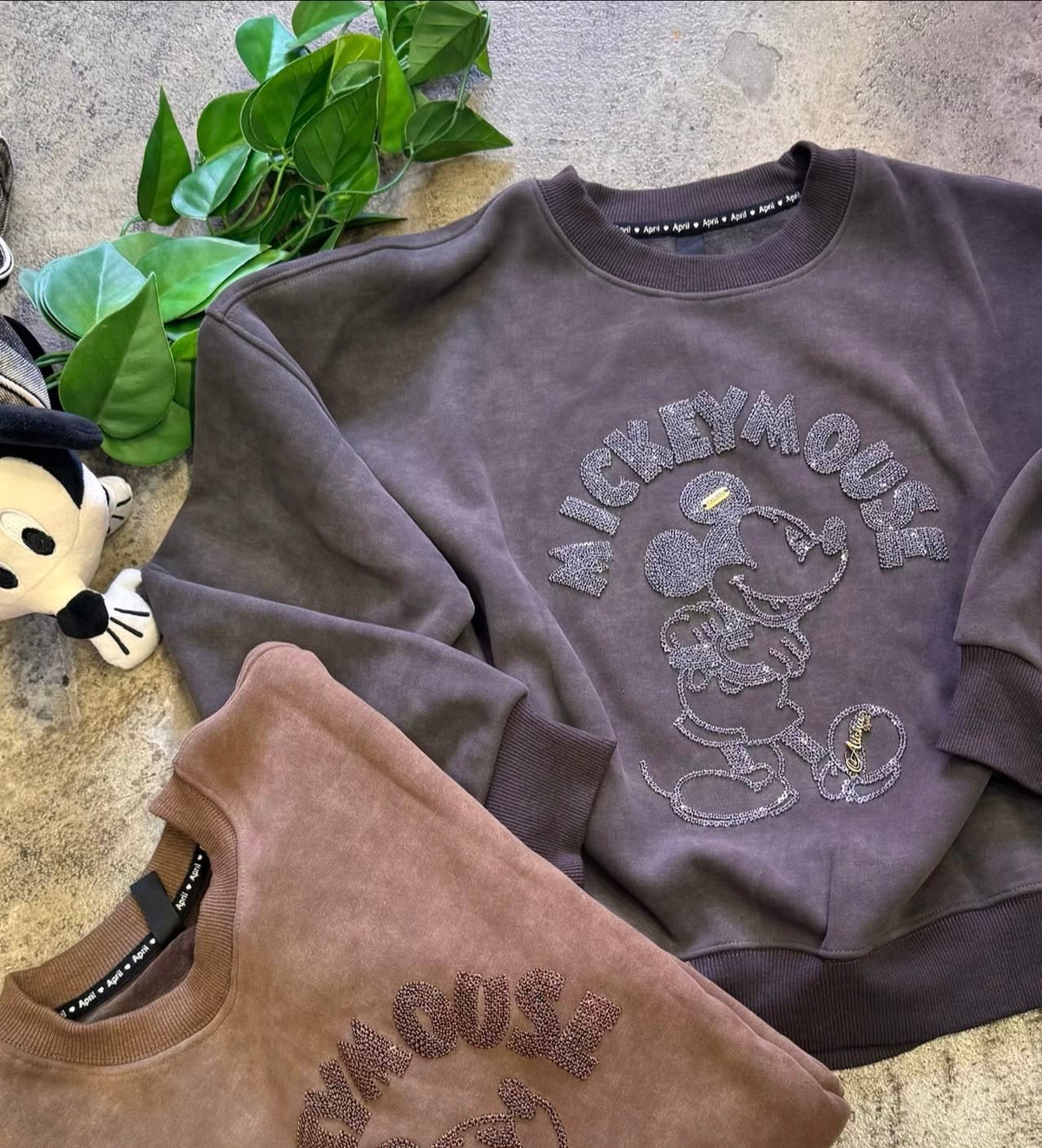 Mickey Mouse Black Embroidered Fleece Crewneck  Crop Sweatshirt