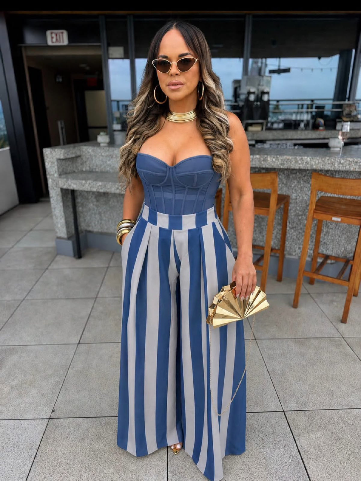 Royal Blue & White Striped Wide Leg Pants