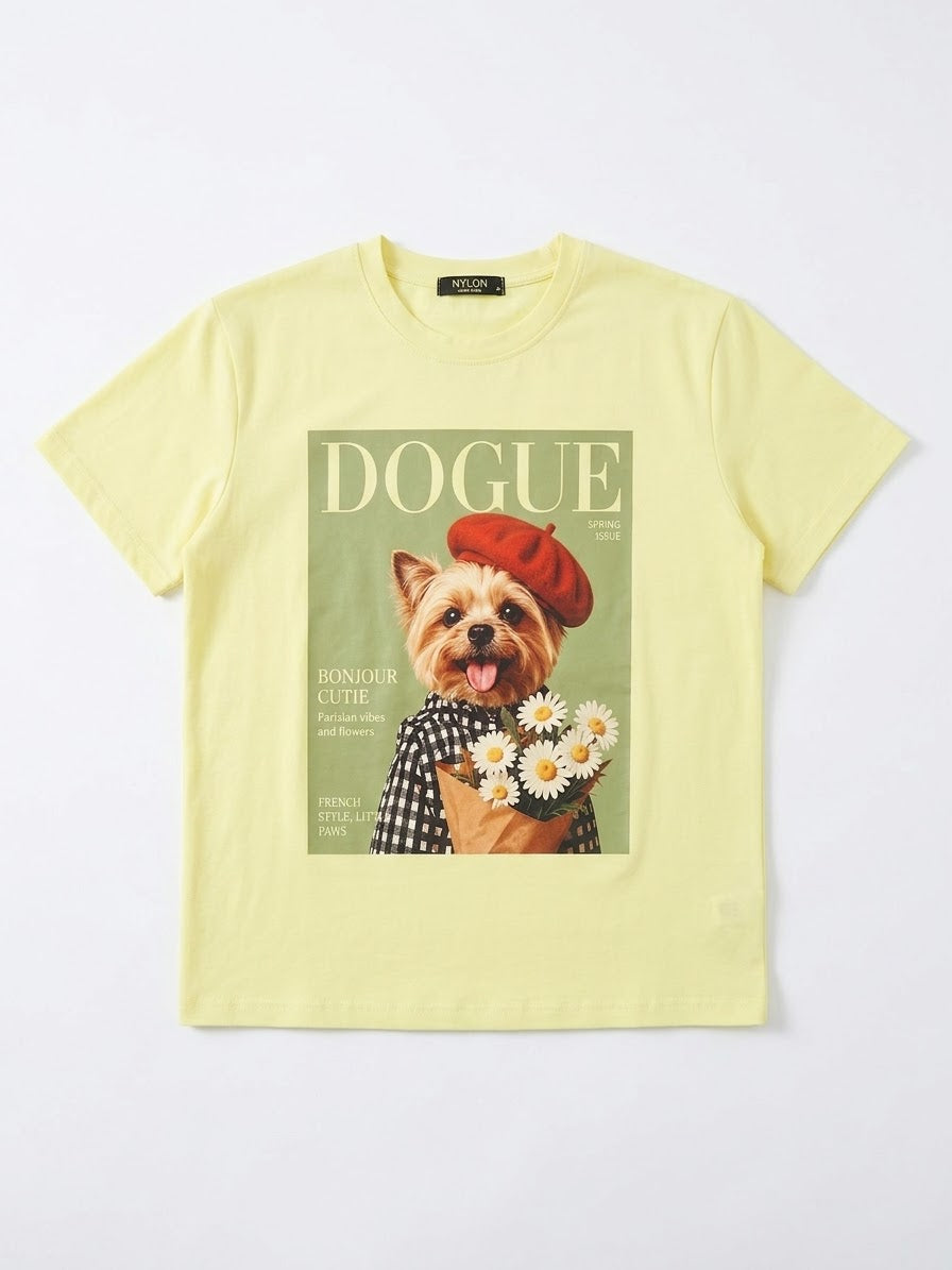 Women's "Dogue" Magazine Dog Graphic T-Shirt - Pale Yellow