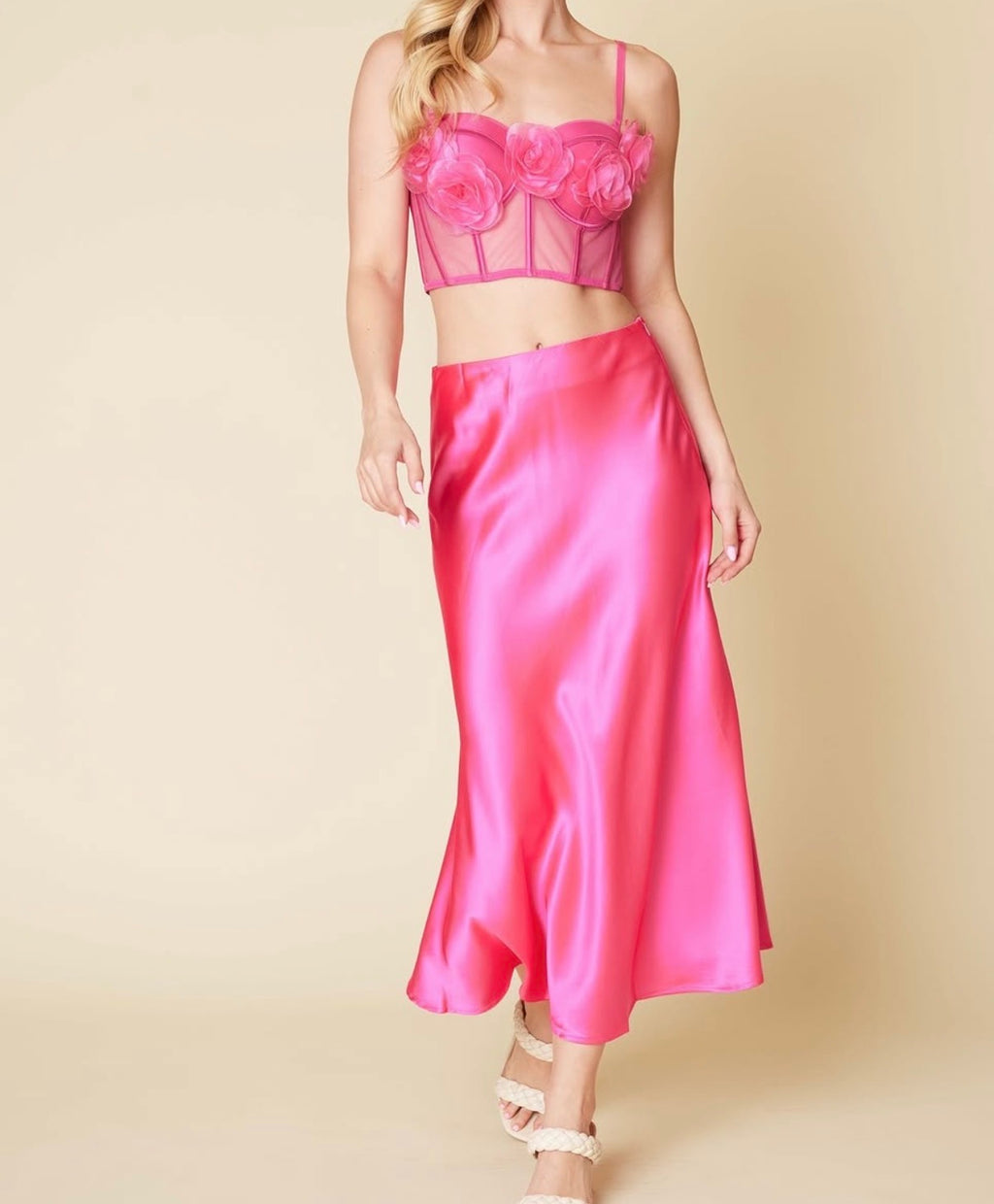 Fuchsia Satin Midi Skirt