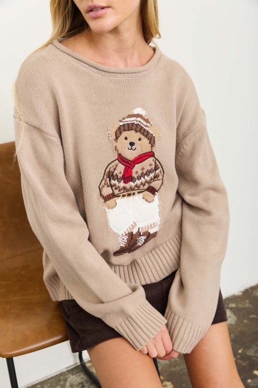 Teddy Motif Rolled Crew Knit Pullover