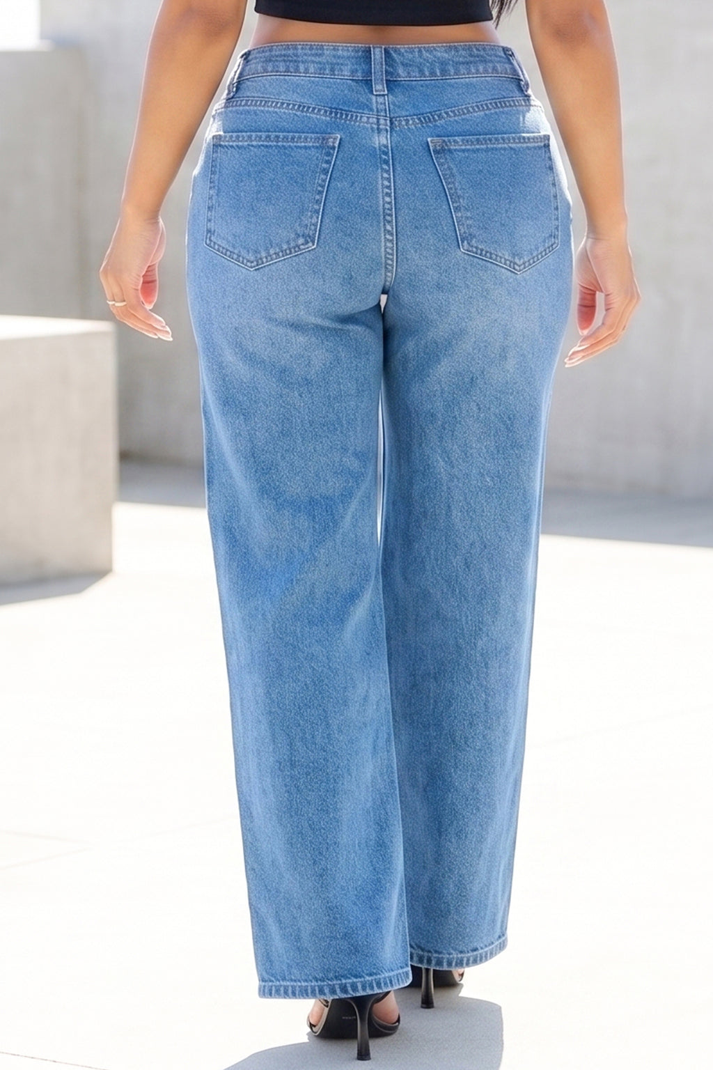 Front Button Detail High-Waist Wide Leg Jeans