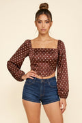 Polka Dot Long Sleeve Satin Bustier Crop Top - Brown⁠