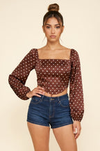 Polka Dot Long Sleeve Satin Bustier Crop Top - Brown⁠