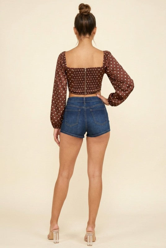 Polka Dot Long Sleeve Satin Bustier Crop Top - Brown⁠