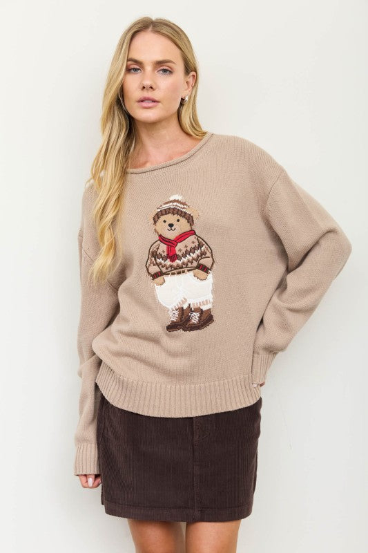 Teddy Motif Rolled Crew Knit Pullover