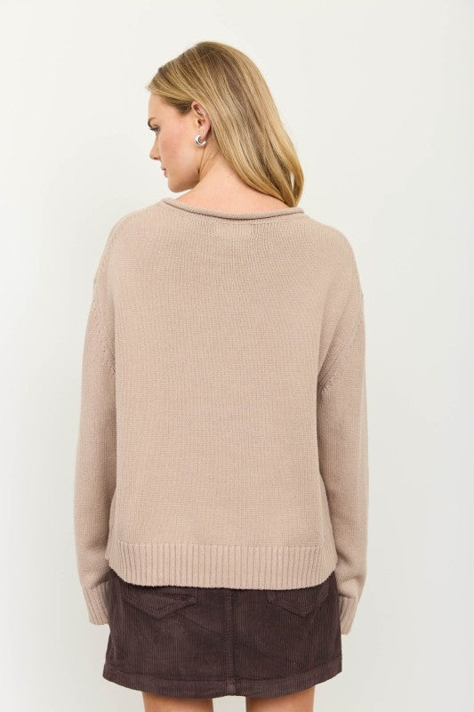 Teddy Motif Rolled Crew Knit Pullover