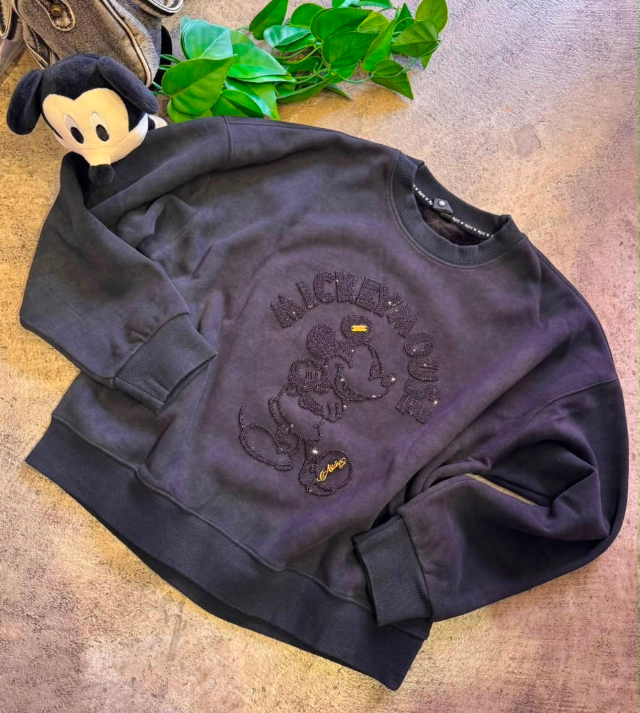 Mickey Mouse Black Embroidered Fleece Crewneck  Crop Sweatshirt