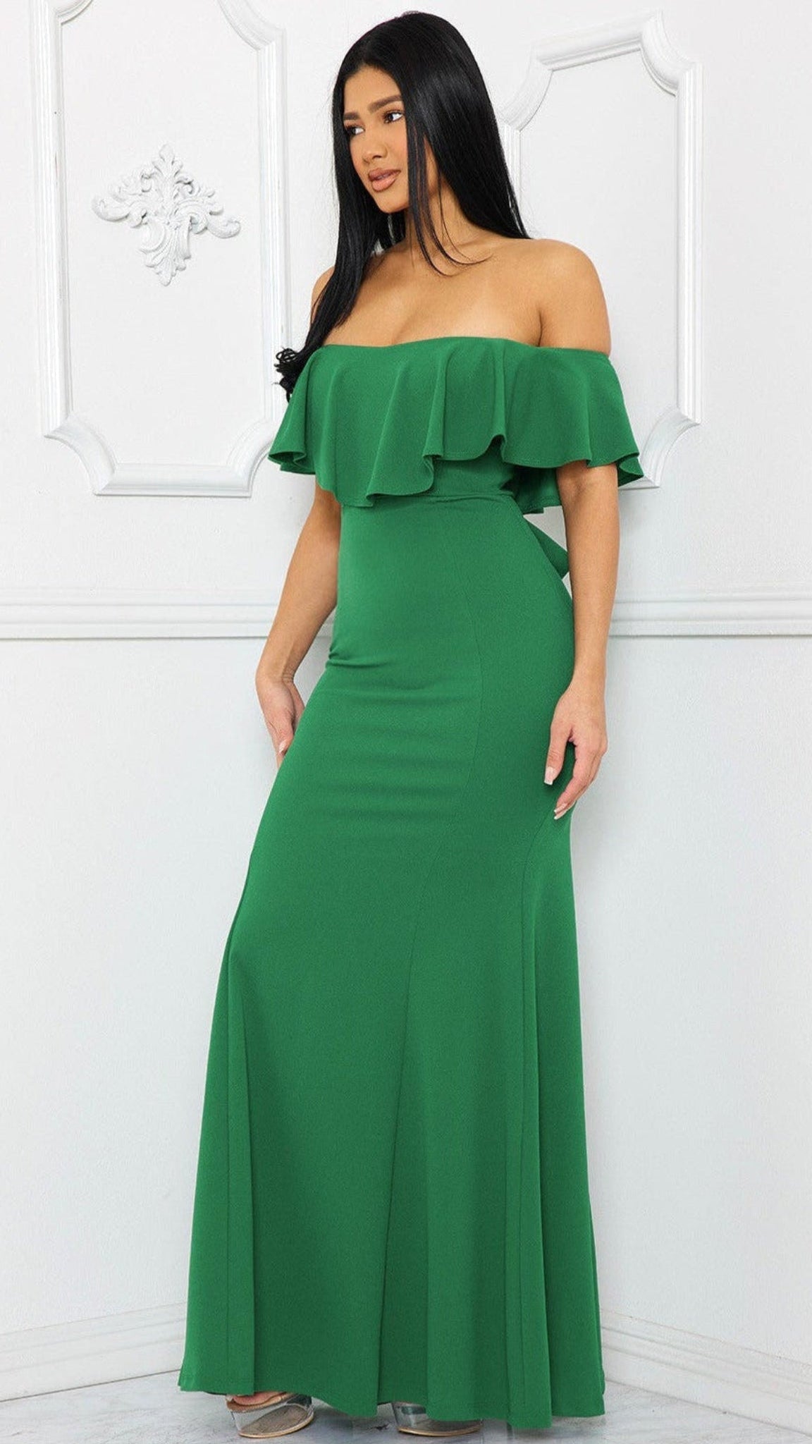 Vestido largo con volantes Esmeralda sin tirantes