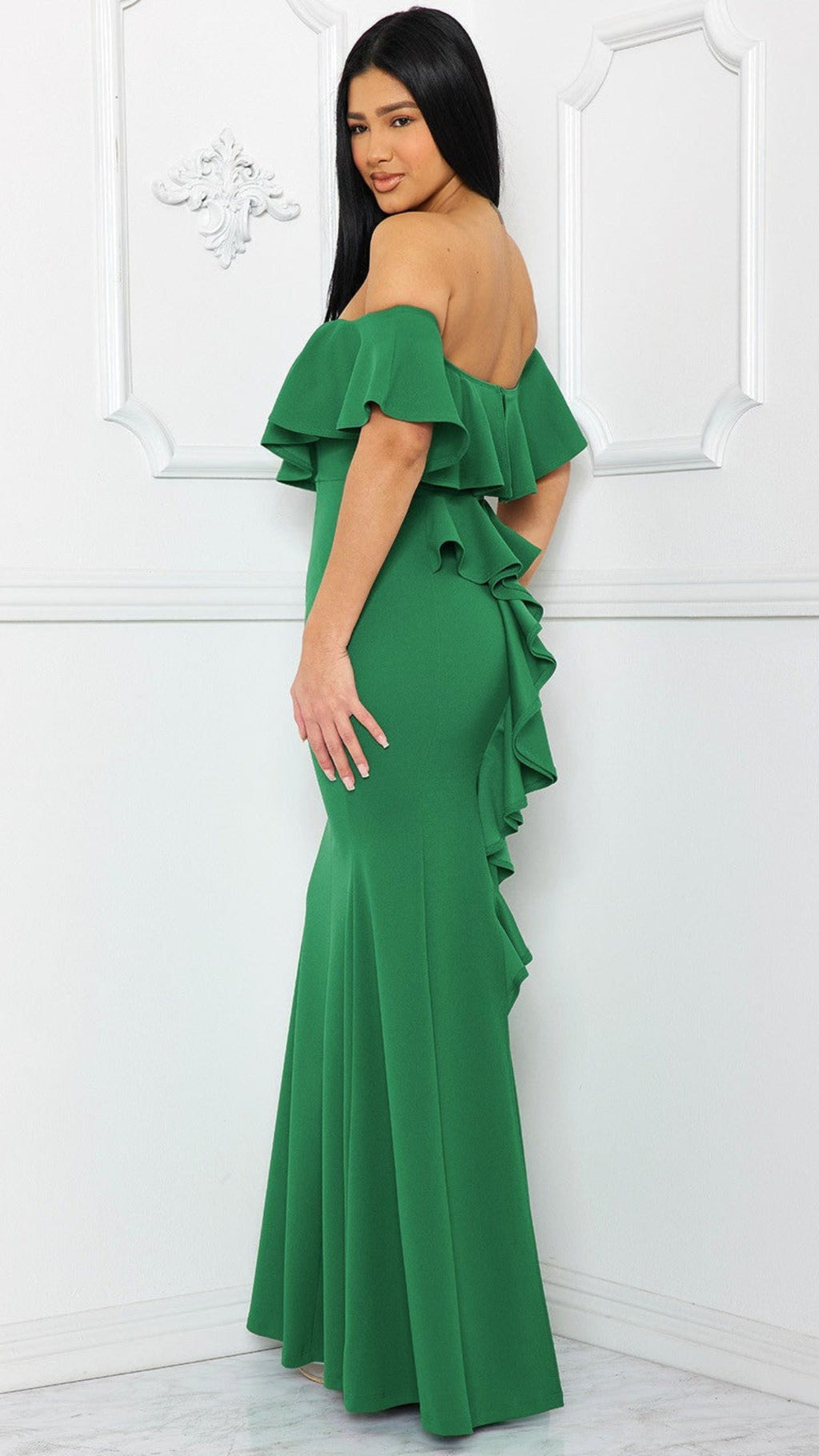 Vestido largo con volantes Esmeralda sin tirantes
