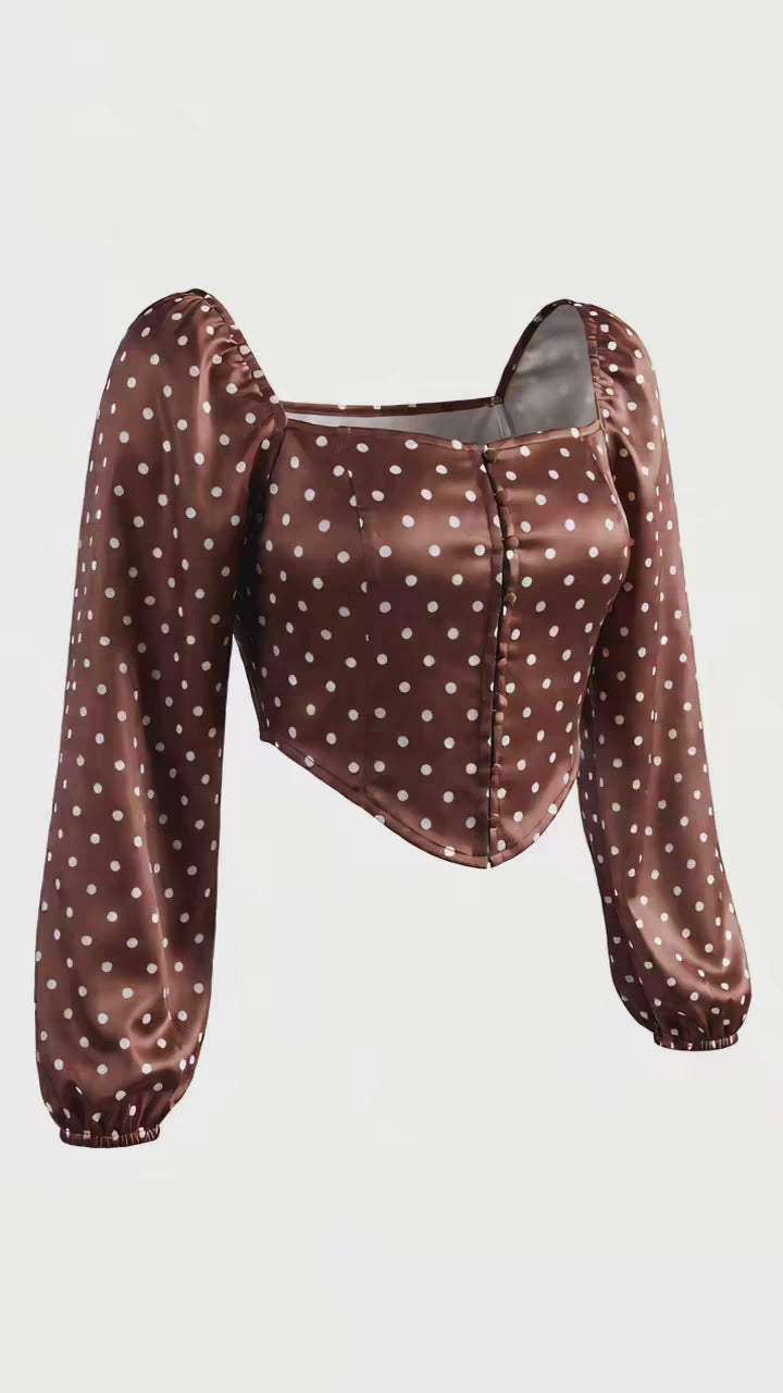 Polka Dot Long Sleeve Satin Bustier Crop Top - Brown⁠
