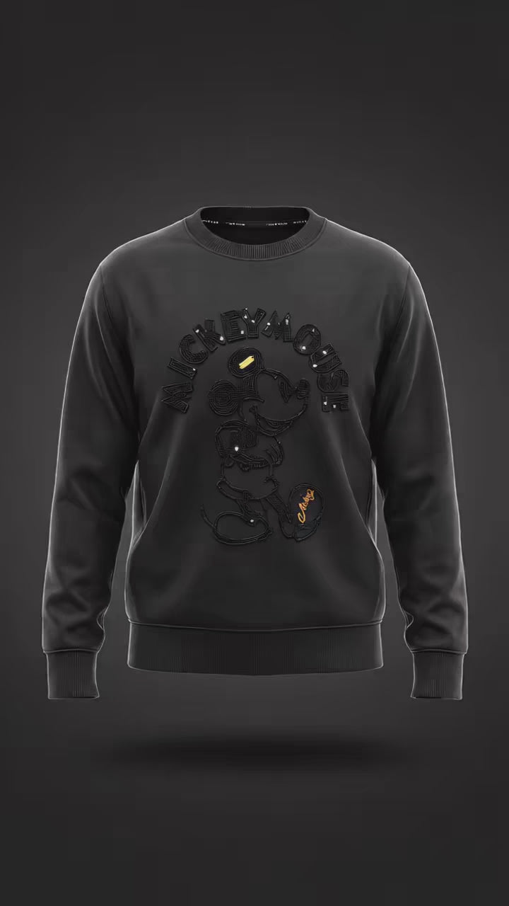 Mickey Mouse Black Embroidered Fleece Crewneck  Crop Sweatshirt
