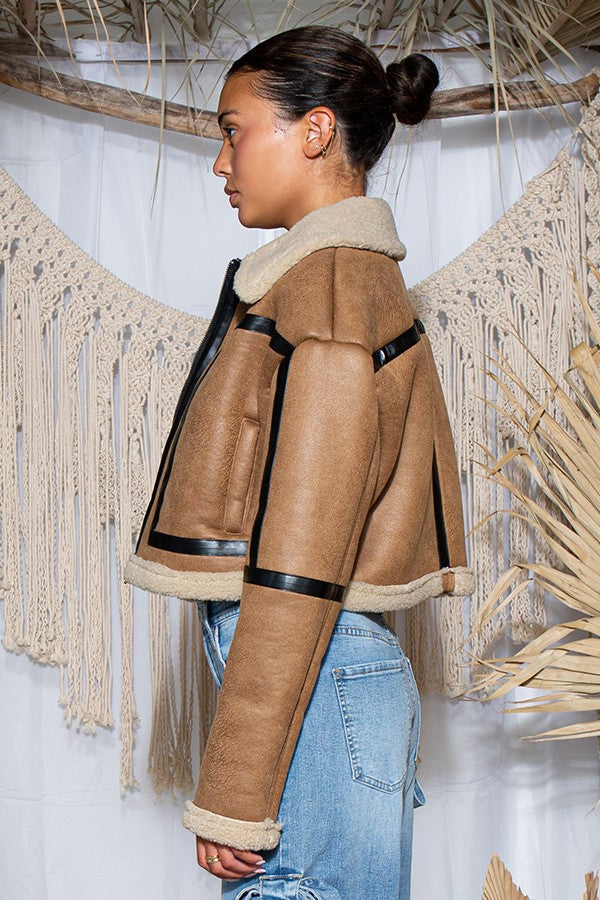 Vegan Leather Oversized Sherpa Fleece Jacket